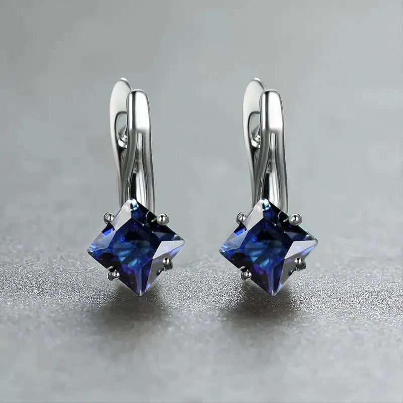 Copper women's diamond design stud earrings with inlaid zircon stones in blue, colour, and green options