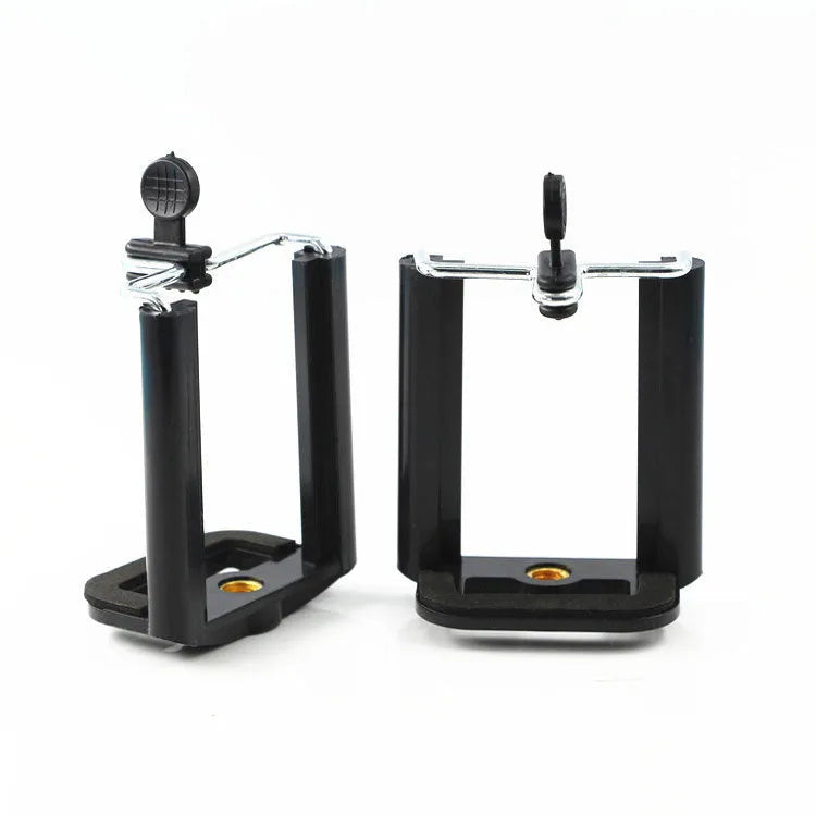 Black plastic U clip mobile phone holder with flexible hose arm for car dashboard mounting.