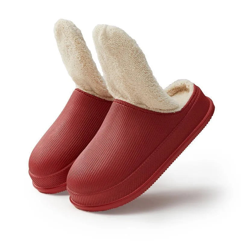 Large size waterproof non-slip warm cotton slippers for men and women, EVA sole and upper, oversleeve style, flat heel, available in multiple colours