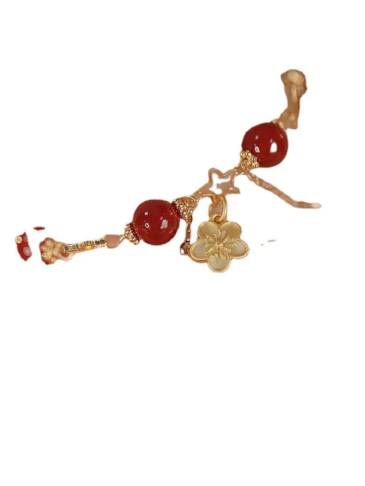 Red agate double layer bracelet with peach blossom motifs for women