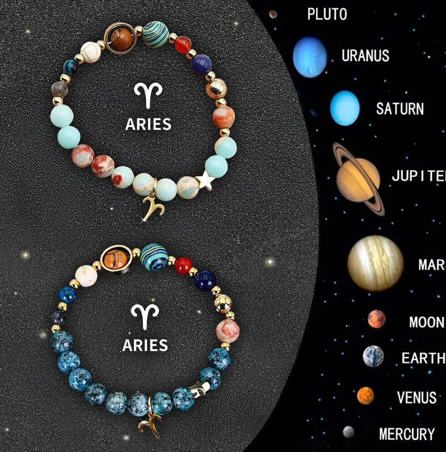 Natural stone beaded zodiac bracelets with adjustable cords showing birthstone colours for different astrological signs