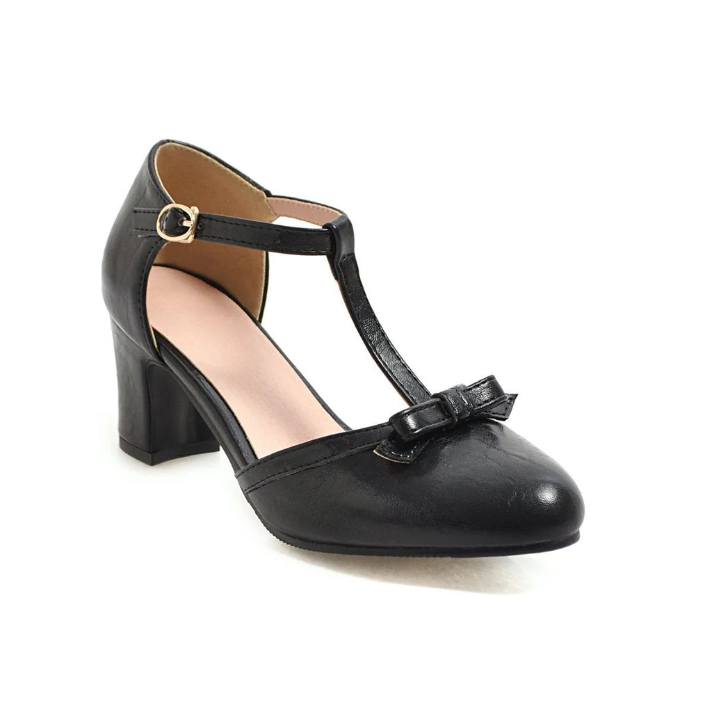 Women's apricot chunky heel sandals with hollow-out design, bow tie, and buckle strap on a 6.5cm rubber sole.