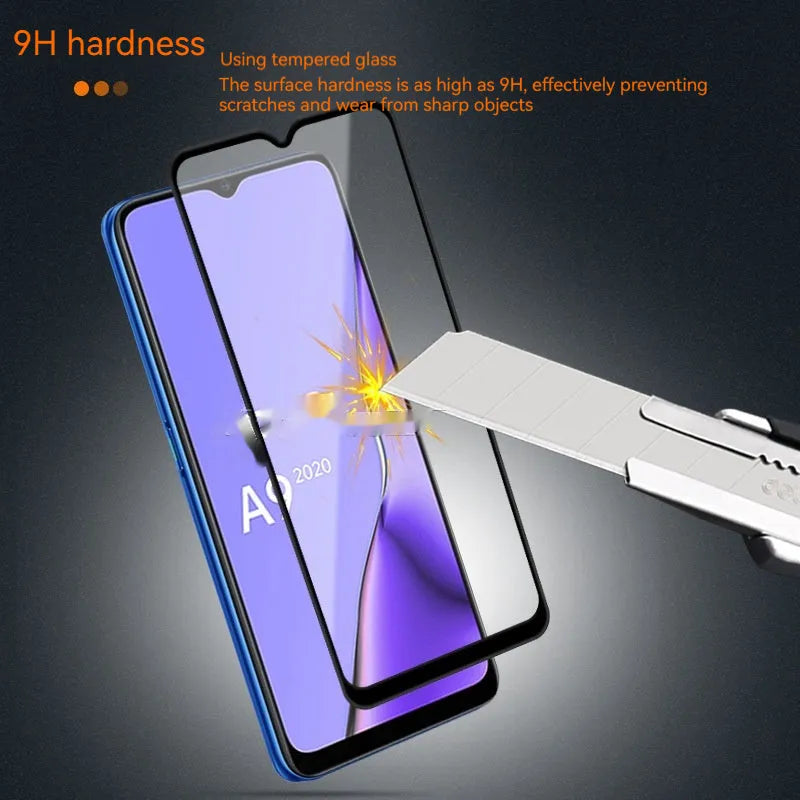 OPPO A9 2020 full glue tempered glass screen protector showing black colour and full screen coverage