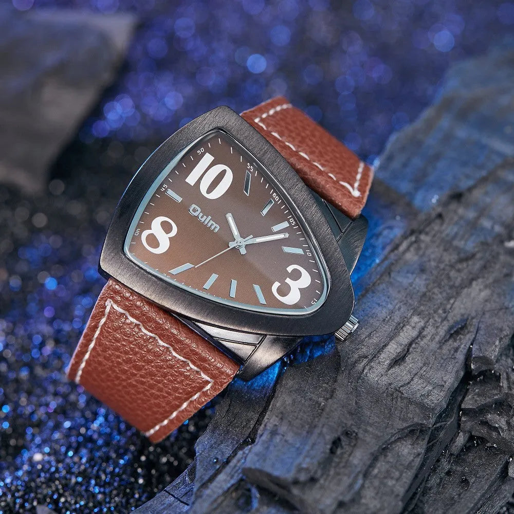 Men's casual brown watch with a triangular belt strap and slim profile.