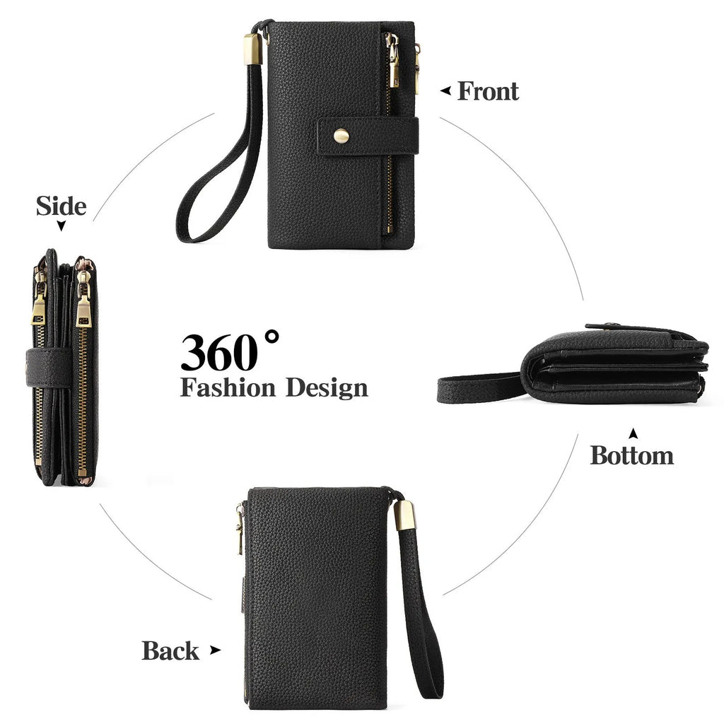 Genuine leather women's anti-theft wallet clutch in midnight black with zip closure and coin purse