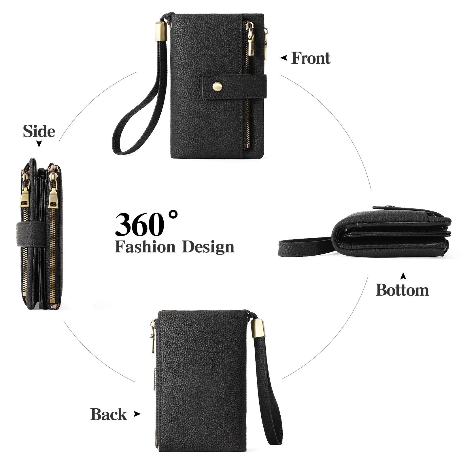 Genuine leather women's anti-theft wallet clutch in midnight black with zip closure and coin purse