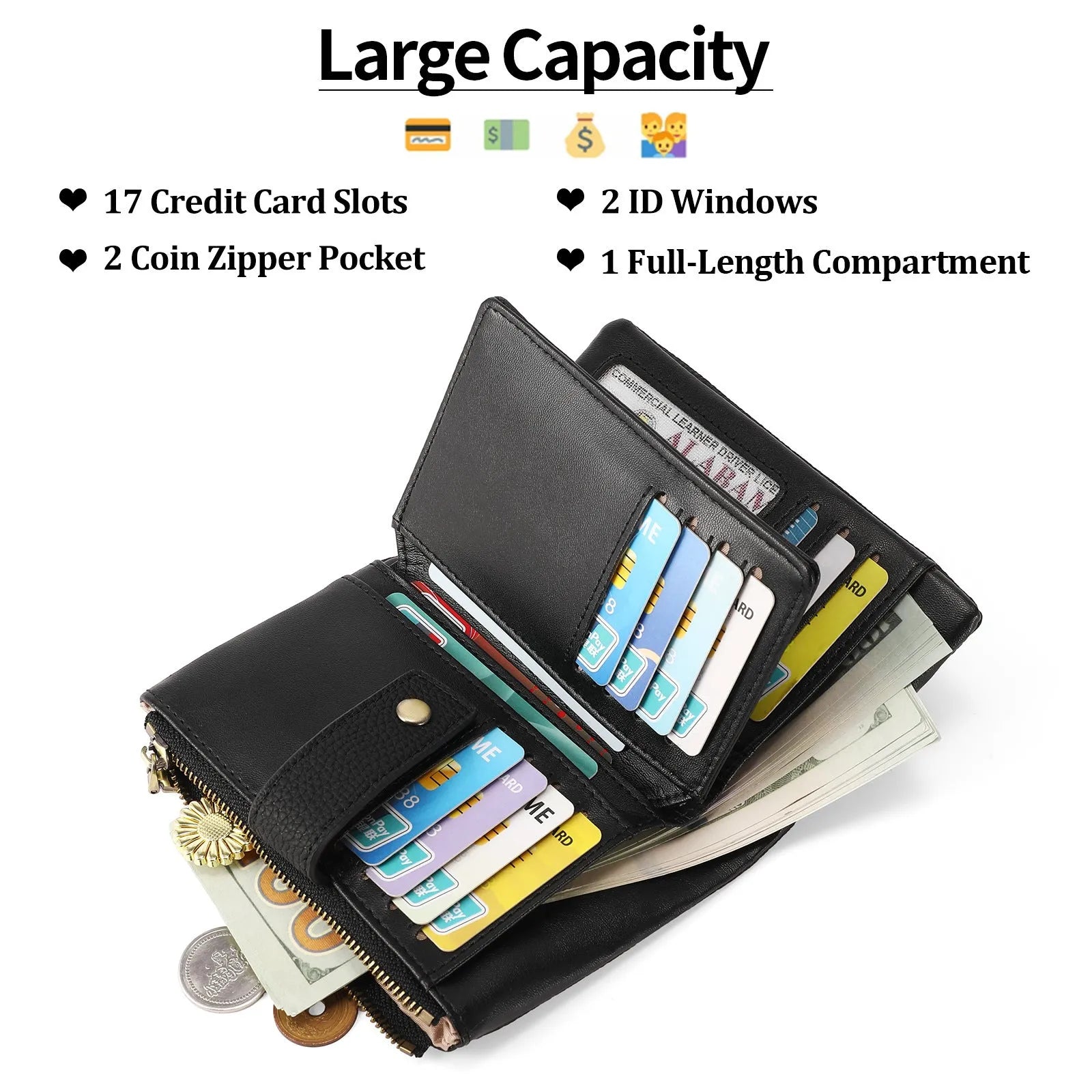 Genuine leather women's anti-theft wallet clutch in midnight black with zip closure and coin purse