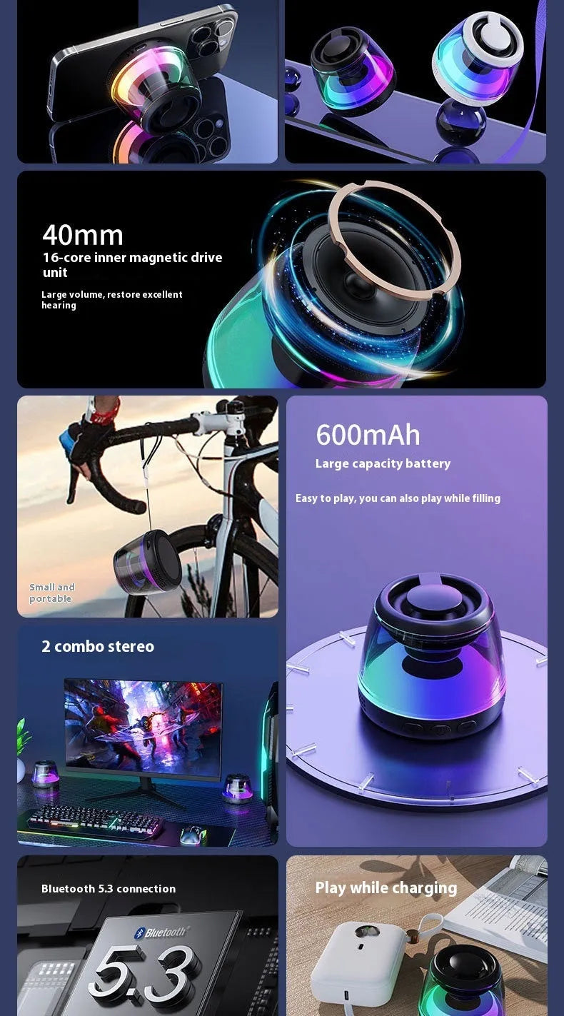 White and black portable mini Bluetooth speaker with magnetic base and ambience light for outdoor and desktop use