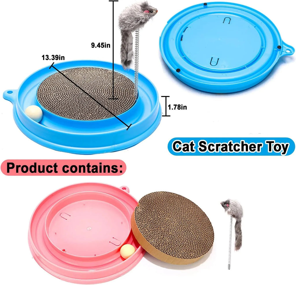 Blue circular cat scratcher with ball track and replaceable cardboard scratching surface
