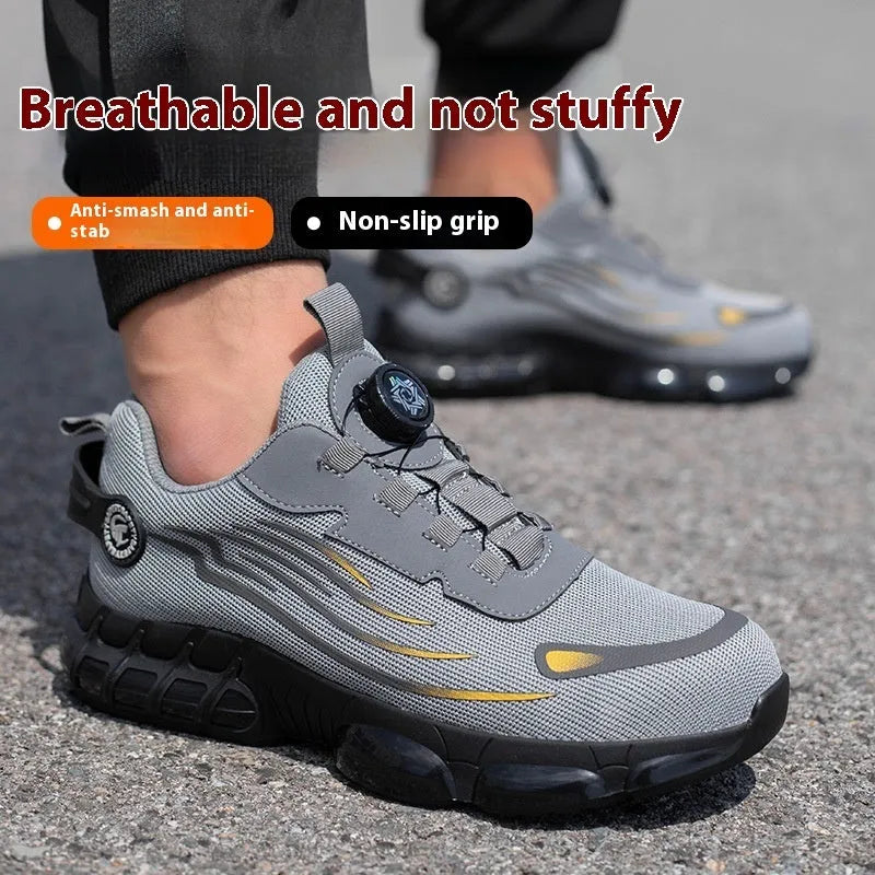 Men's black safety shoes with steel toe cap, flyknit upper, TPU sole, anti-slip workwear