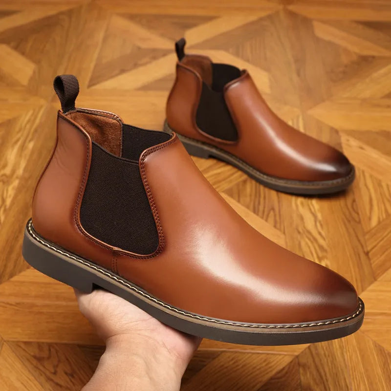 Men's black formal leather ankle boots with a pointed toe and square rubber sole.