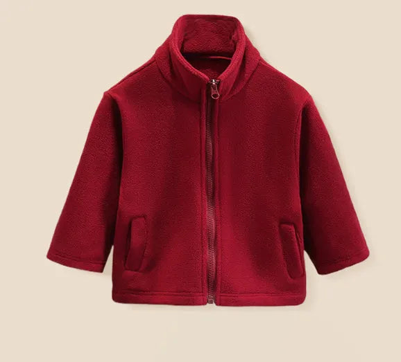 Children's split liner hooded jacket in red with full zipper and long sleeves on a white background