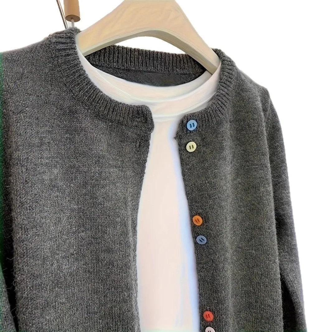 Women's dark grey polyester cardigan with button front and long sleeves