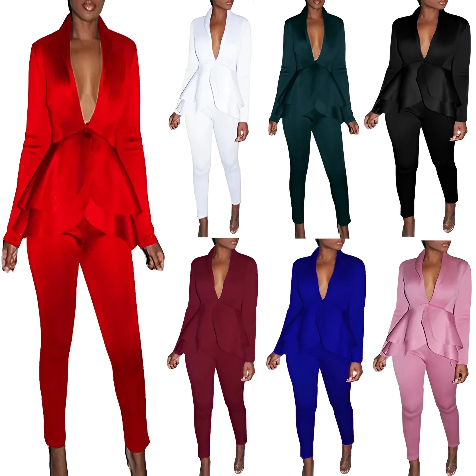 Women's business casual uniform set with ruffled top and pencil pants in eight colour options