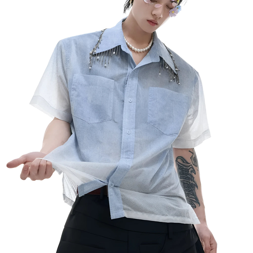 Men's loose blue and white gradient short sleeve shirt with quilted detailing.