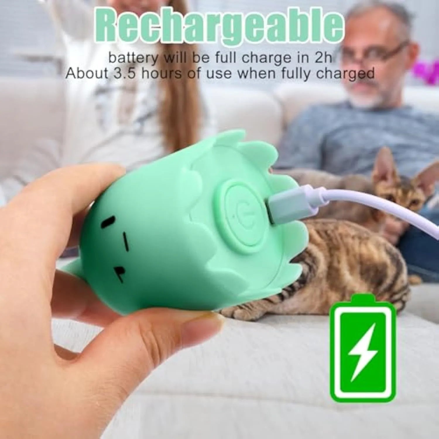 Green electronic cat wand toy with wiggling silicone tail for indoor cat play
