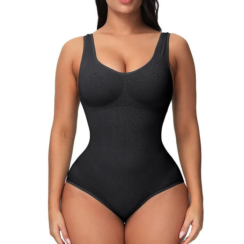 Seamless nylon corset bodysuit for women in green colour on a size chart.