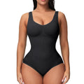 Seamless nylon corset bodysuit for women in green colour on a size chart.