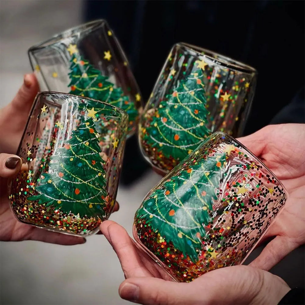 Christmas tree glass tumbler, 380ml double-layer borosilicate glass cup with flowing sequins, 8.6cm x 11.8cm