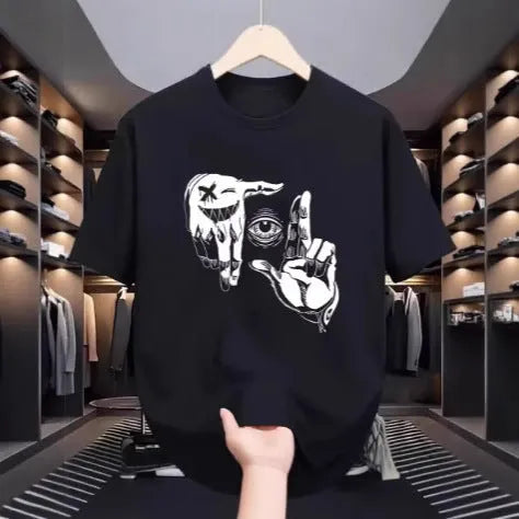 Men's cartoon print short sleeve T-shirt in bird eye cloth showing digital printed pattern detail