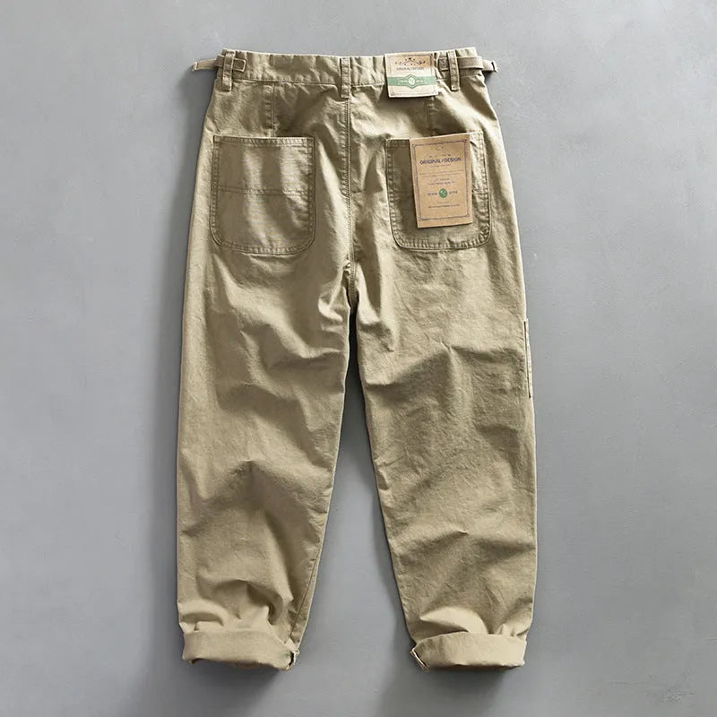 Men's workwear casual pants in cotton, mid waist straight leg, available in apricot, brown, army green colour options