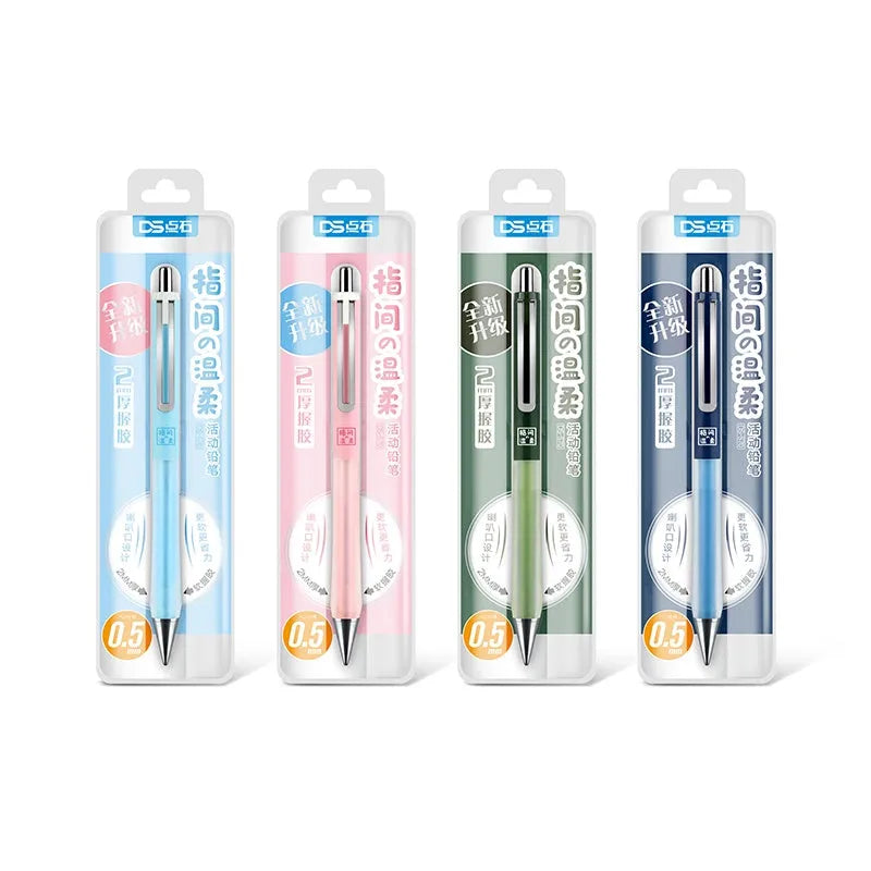 Plastic soft grip mechanical pencil with 0.5mm lead and free-cutting mechanism on card pack