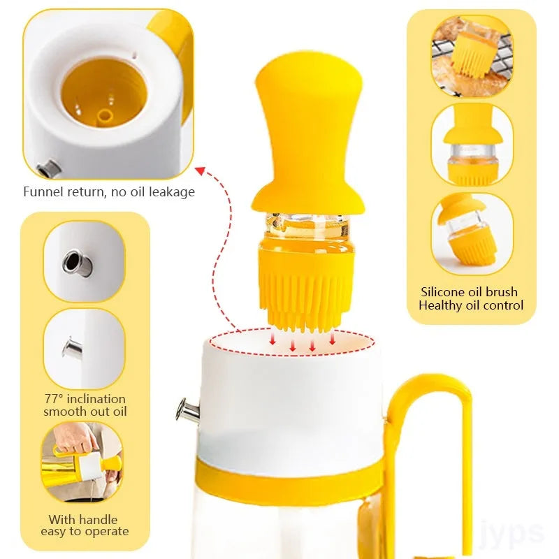 2 in 1 oil dispenser with silicone brush, 550ml soda glass bottle, 304 stainless steel nozzle, yellow green brown