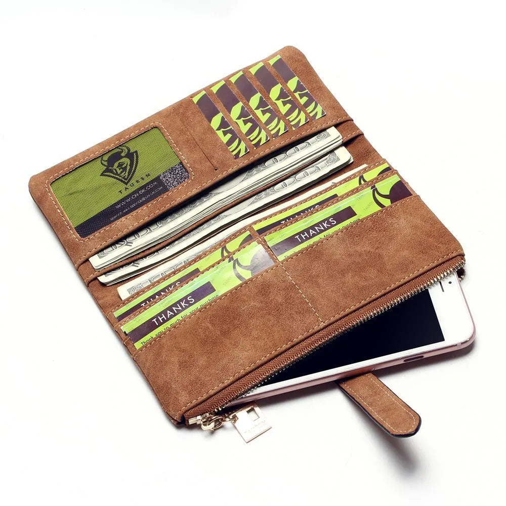 Korean retro style long wallet for women in matte PU leather, shown open to reveal card slots, phone pocket, and zipper closure.