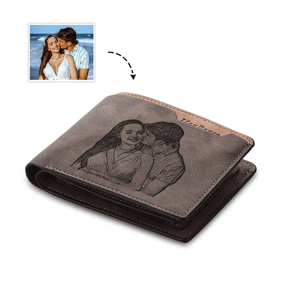 Coffee brown PU leather horizontal wallet with photo engraving, measuring 120mm wide