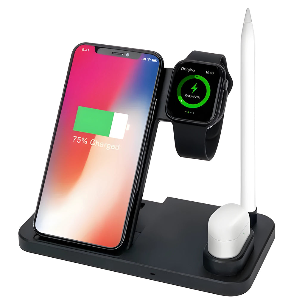 4-in-1 wireless charging station showing phone, Apple Watch, AirPods and pencil charging simultaneously on adjustable stand