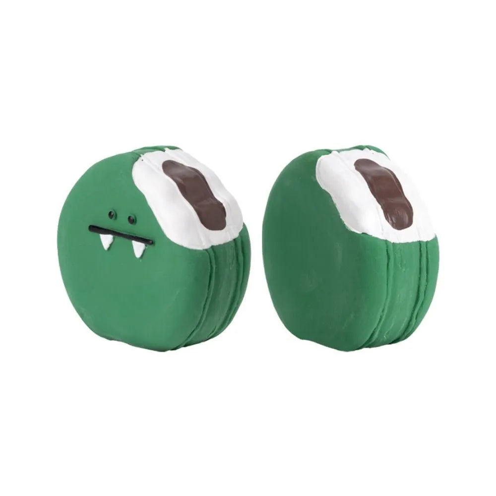 Yellow or green cartoon bread-shaped latex chew toy for dogs with a squeaker inside.
