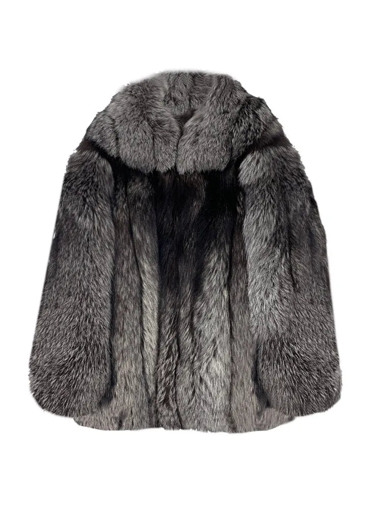 Men's fox fur winter jacket in silver beige with lapel collar, shown in size M to 3XL