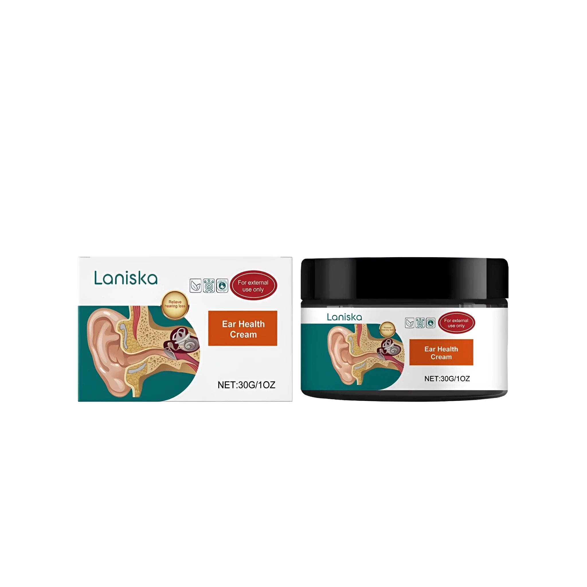 Ear soothing cream in a 30g tube with herbal ingredients mint leaves, coptis root, and honeysuckle flower
