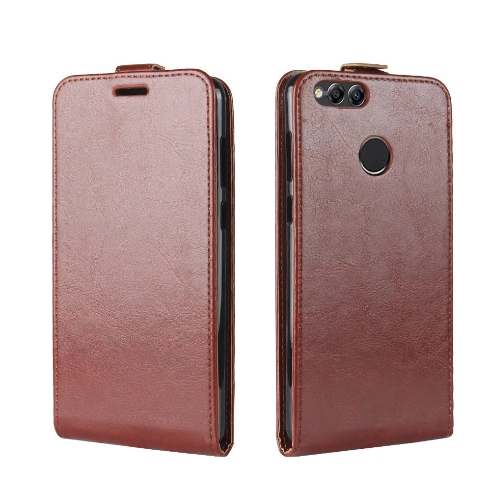 Honor 7X leather wallet phone case in black showing card slots and crazy horse texture.