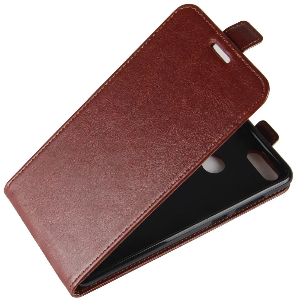Honor 7X leather wallet phone case in black showing card slots and crazy horse texture.