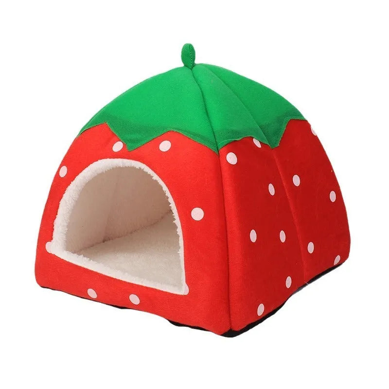 Plush strawberry pet nest in pink, blue, purple, or red, cloth cat and small dog bed in five sizes