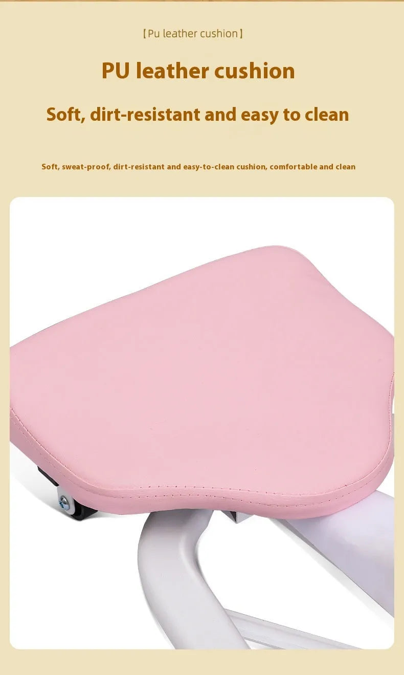 Pink and blue horse leg opener stretching equipment with steel frame, foam padding, and optional backrest.