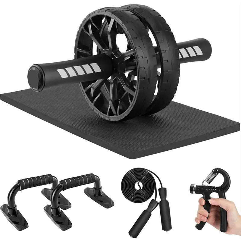 Push-up bracket fitness equipment set with seven abdominal wheels in red, green, black, and blue colour options