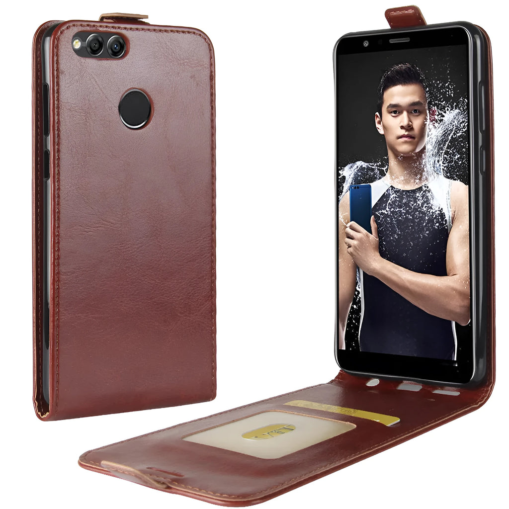 Honor 7X leather wallet phone case in black showing card slots and crazy horse texture.