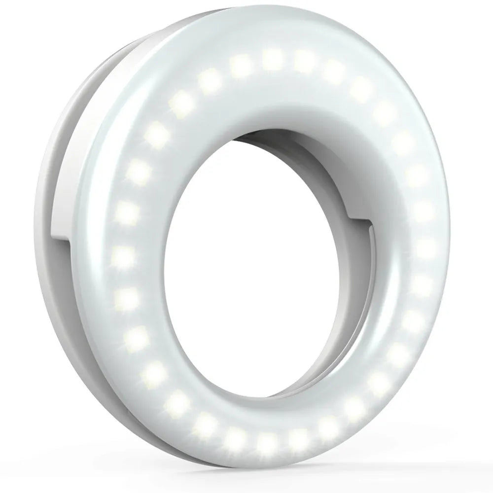 Black circular LED selfie ring light with USB cable for mobile phone photography