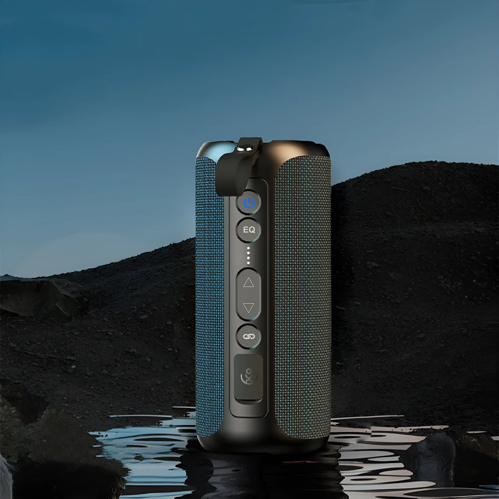 Black plastic portable Bluetooth speaker 50W with Type-C port, 80x80x180mm, on a flat surface