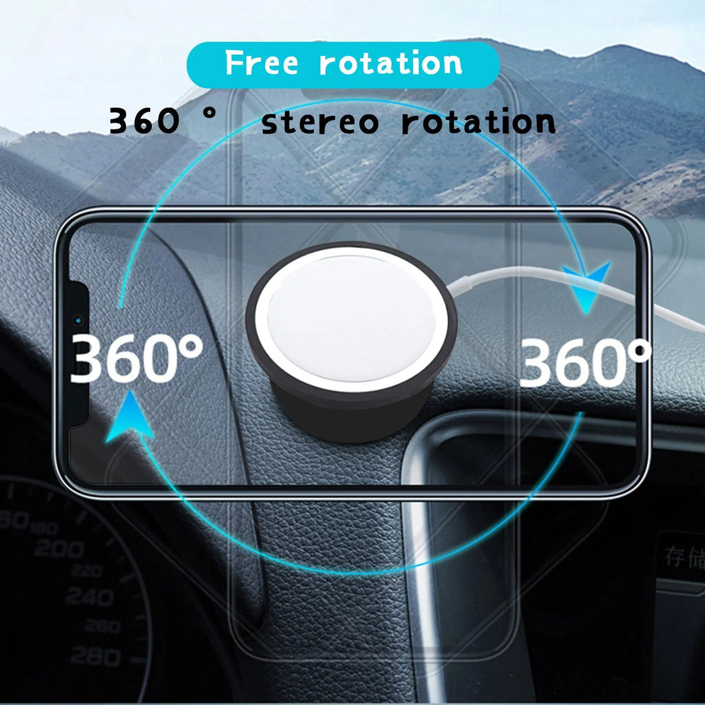 Black magnetic car mobile phone holder showing both air vent and dashboard base mounting options