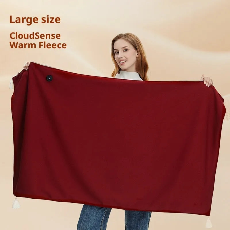 Solid-colour polyester shawl warm blanket with mobile power bank in green, red, and beige colour options