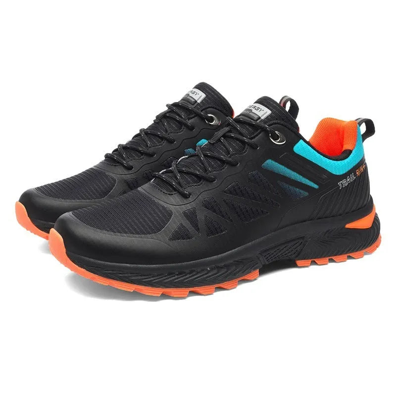Men's black breathable mesh outdoor running shoe with lace-up front and rubber sole