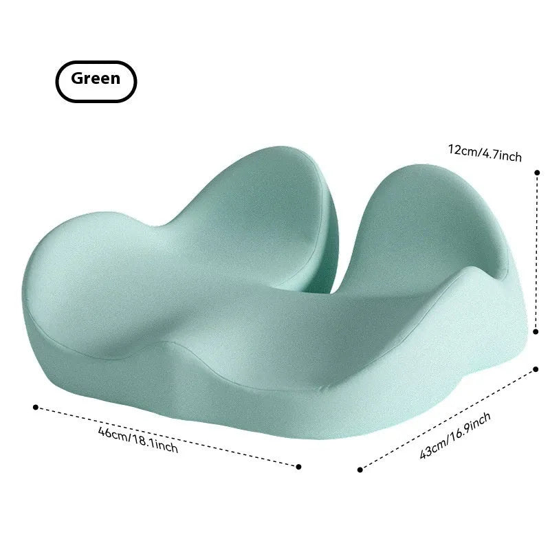 Memory foam office chair cushion in light grey, black or green colours on a chair