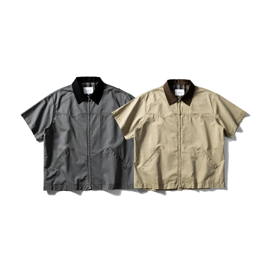 Washed cotton short-sleeve overalls shirt in loose cardigan style available in khaki or grey colours