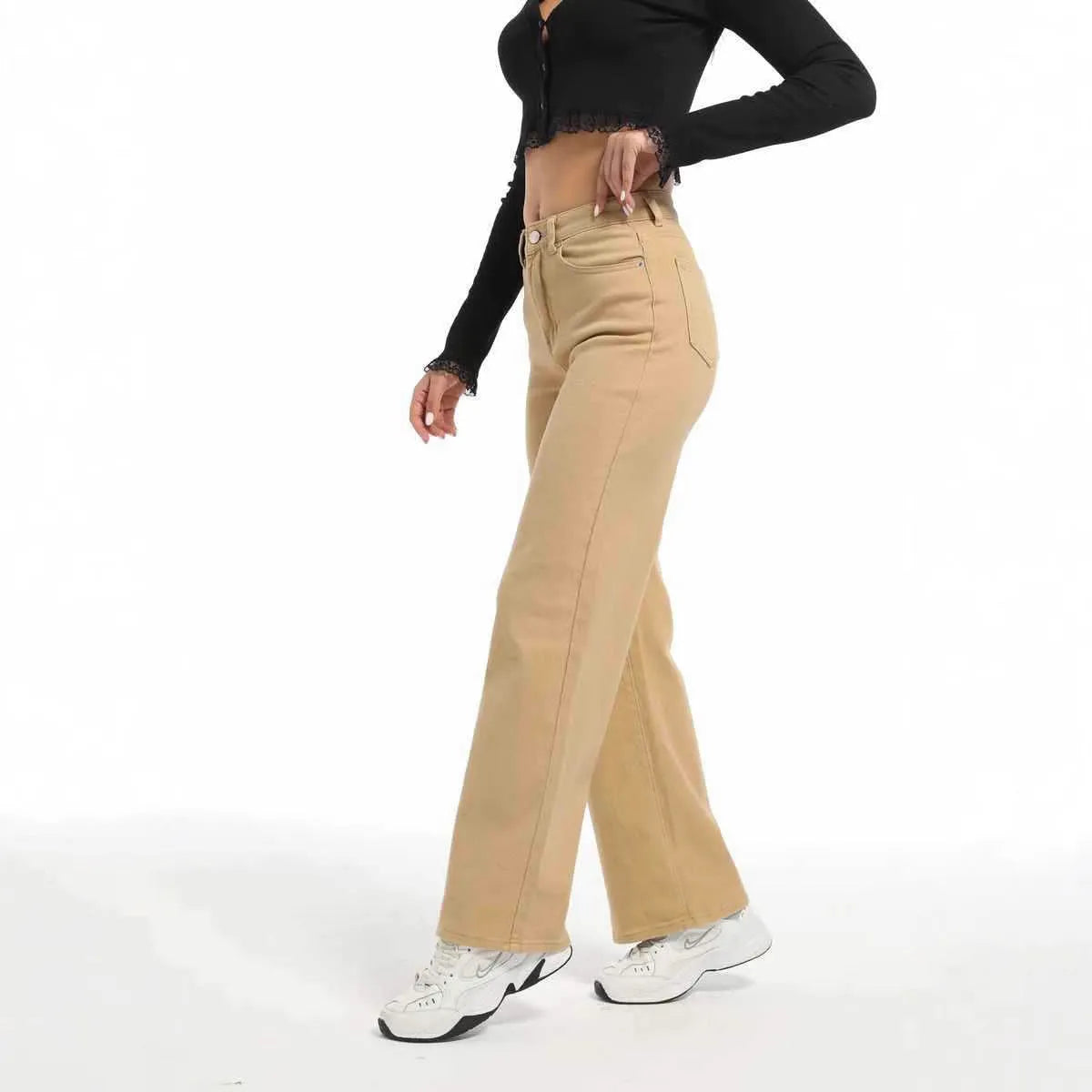 Women's apricot high-waist wide-leg straight jeans made from cotton.