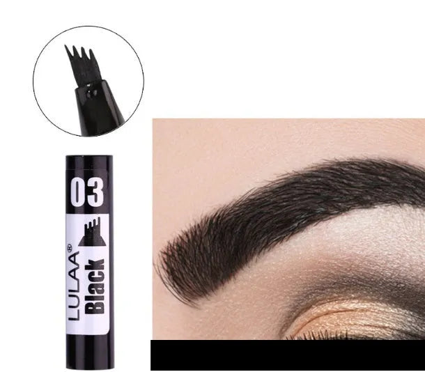 Liquid eyebrow pencil with black tube, four-claw pen head, and hard refill design in brown shade