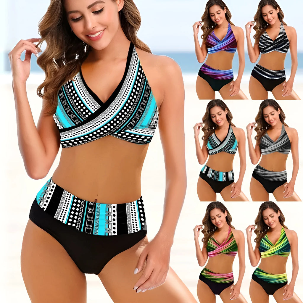 Women's striped tie-dye bikini set with high-waisted briefs and backless design
