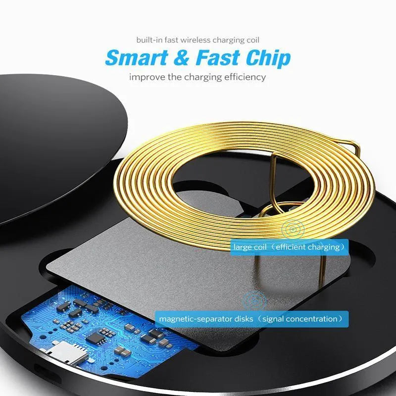 Ultra-thin black wireless fast charging pad measuring 98mm square with USB cable